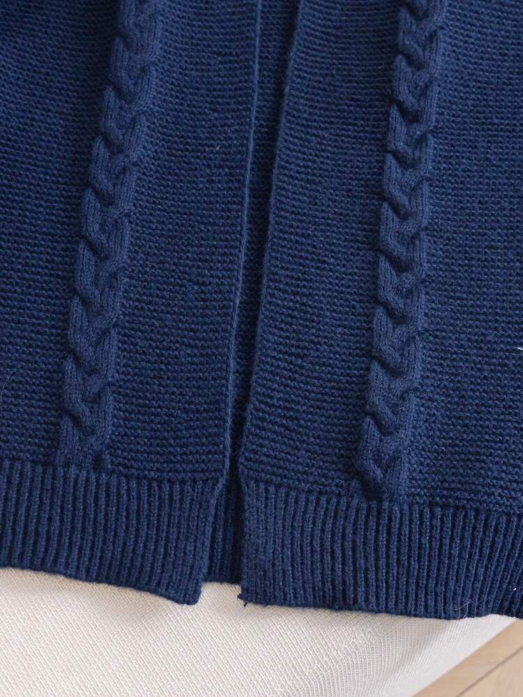 Söt enfärgad kabelstickad kofta med huva för flickor, medellång, knäppt jacka, lämplig för semester, fritidskläder, vår, höst, vinter - Marinblå - Visa 4