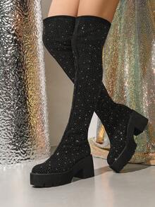 Botas elegantes de moda para mujer, botas elásticas que estilizan el muslo, botas por encima de la rodilla, botas para hombre, caminables al aire libre, botas de tacón alto versátiles y sencillas