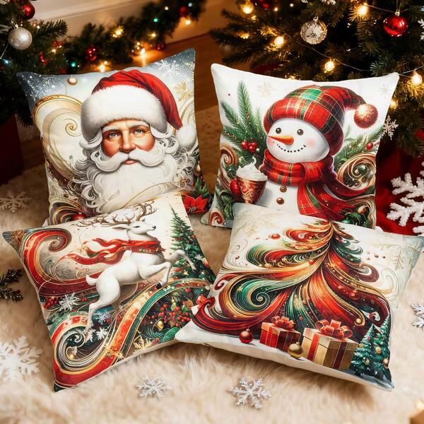 4 pezzi Federe per cuscino in poliestere morbido e confortevole con stampe natalizie colorate di albero di Natale, Babbo Natale, pupazzo di neve e renna, dimensioni 45x45cm (17,72x17,72 pollici), chiusura con cerniera, lavabili in lavatrice, adatte per decorazione domestica, soggiorno, camera da letto, veranda, giardino, campeggio all'aperto, decorazione natalizia invernale (solo federe - inserto non incluso)