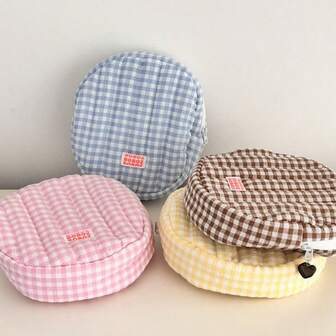 1个可爱格子化妆包，便携式圆形ins风零钱包，耳机盒，化妆包