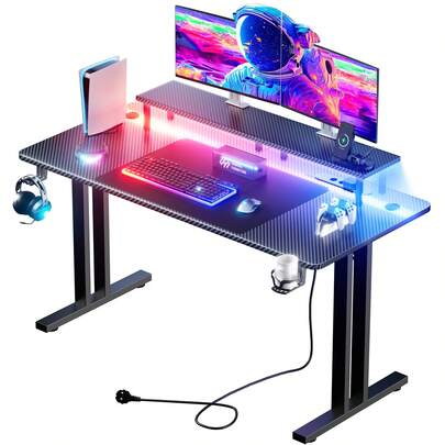  HLONONE Gaming Table with LED, Gaming Desk with 3 Sockets and 2 USB Ports, PC Gamer Table with Monitor Stand, Sturdy Computer Desk for Gaming and Office, Black