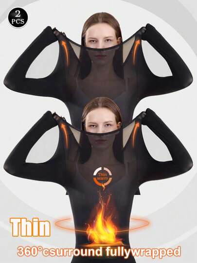 2Pcs Women's Thermal T-Shirt Underwear Autumn Winter Seamless Traceless Ultra-Thin Highly Elastic Intimate Long Sleeve Top Winter Constant Temperature Long Sleeve Lingerie