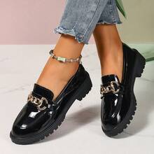 Mocassins  noir pour femmes, talon épais, Glissant, décoration boucle métallique, finition brillante, derbies casual, convient pour le printemps, l'automne et toutes les saisons