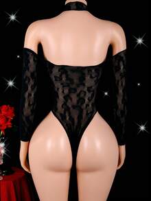 One-Piece Sexy Lingerie, 1 Long-Sleeved Leopard Print Hollow Bodysuit, One Size Fits All: XS-M, Women's Fashionable Sexy Mesh Bodysuit, Hollow Design, Sexy Tights, Exquisite Details, Light Texture, Bodysuit, Fashion Lingerie, Club Wear - Black - View 3