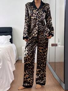 2pcs Women Leopard Print Long Sleeve Collar Pocket Shirt And Pants Pajama Set, Ladies Sleepwear Loungewear For All Seasons - Brown - View 3