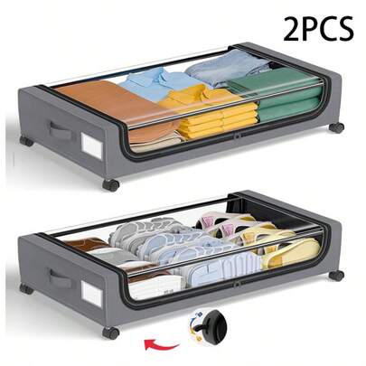 Space Saving 2-Piece Set Of Under Bed Storage, Rolling Storage Container, Metal Frame Storage Box With Easy To Slide Wheels And Dust Cover, Used For Keeping Clothes And Blankets Tidy And Easy To Access,