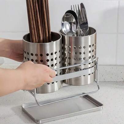 Doppelrohr-Besteckkorb für die Küche aus Edelstahl, Besteckablaufregal mit Wasserschale, Essstäbchenkäfig