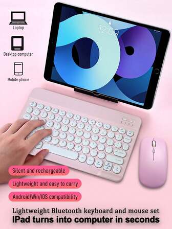 10 英寸可充电无线键盘 + 电池供电鼠标蓝牙超薄组合套装，适用于 iPad、手机、平板电脑、笔记本电脑、办公室使用（键盘电池容量：150mAh）