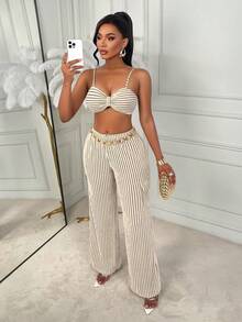 AIJ Amarilo Women's Sexy & Elegant Beige Striped Two Pieces Set – Bralette Cami Top & Drawstring Cargo Wide Leg Pants – Ideal For Spring Break Outfit, Summer Casual Wear, Daily Wear, Beach Vacation & Party Looks - Light Apricot - View 6