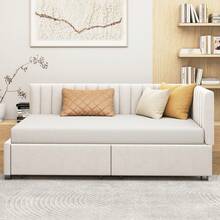 Upholstered Sofa Bed 90*200 Multifunctional Bed With 2 Large Storage Drawers And Slatted Base Skin-Friendly Velvet Fabric Beige - Beige - View 7