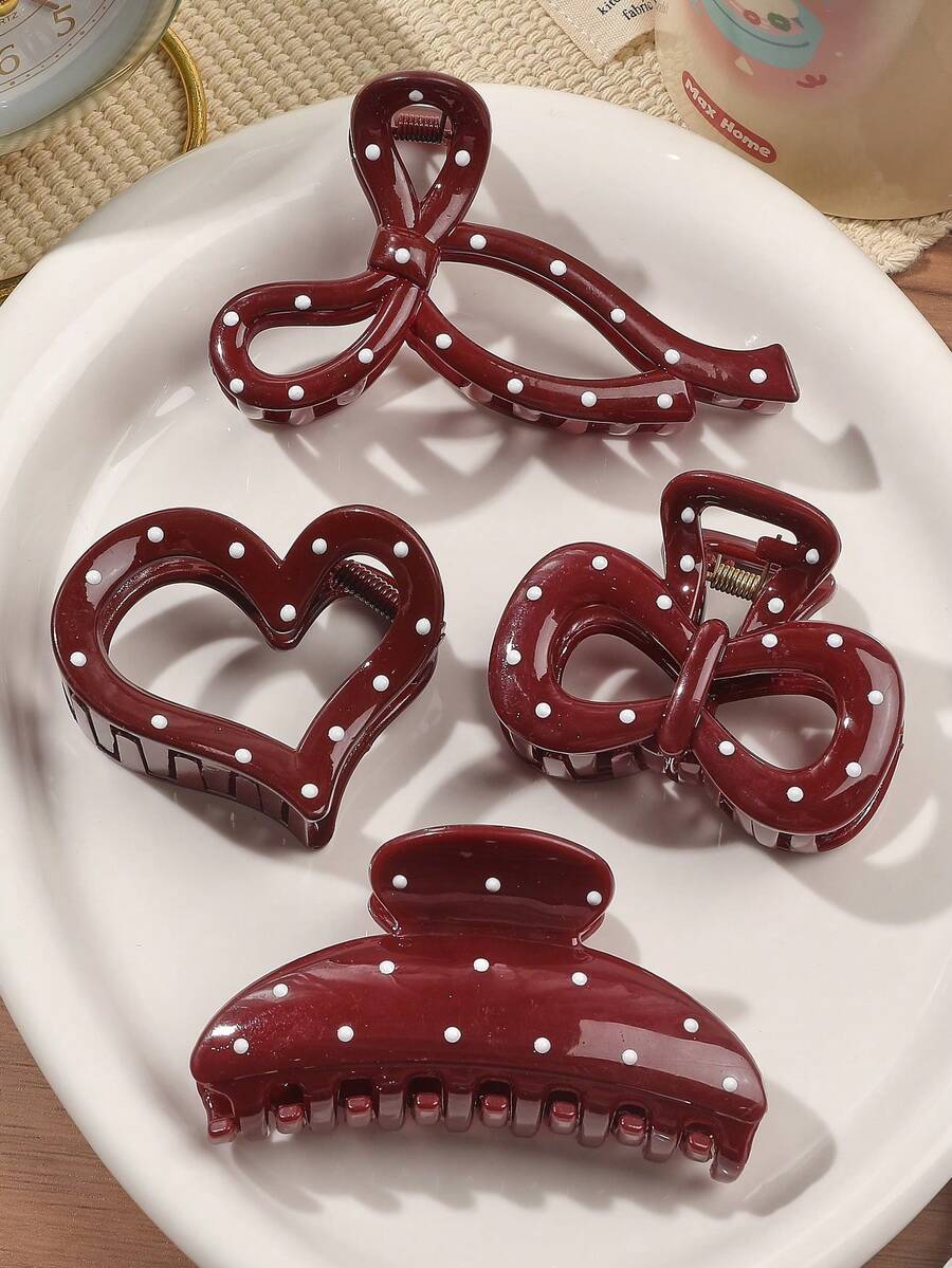 4个酒红色波点复古可爱爱心蝴蝶结中号发夹，百搭日常发夹，冬季发饰，夏季穿搭发夹 - 4件套裝-多色 - 查看 1