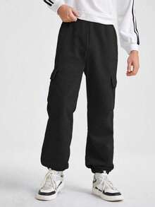 1pc Tween Boys Casual Loose Outdoor Sports Workout Side Pocket Straight Leg Thermal Lined Warm Sweatpants, Autumn/Winter