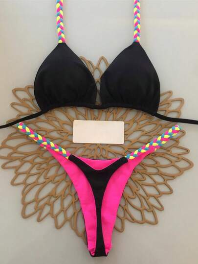 2 piezas Traje de baño con estampado geométrico y floral tropical, bikini casual, lindo, elegante y sexy con estilo bohemio y lazada, adecuado para vacaciones de primavera/verano en la playa, conjunto de mujer, atuendo de playa, bikini de mujer, traje de baño de mujer