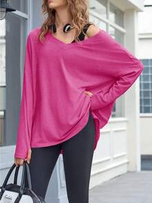 Fisoew Women's Oversized Workout T-Shirts Casual V-Neck Long Sleeve Athletic Yoga Running Tunic Top Gym Wear Sporty Aesthetic 2024 Loungewear Streetwear - Màu Hồng Tươi - Xem 1