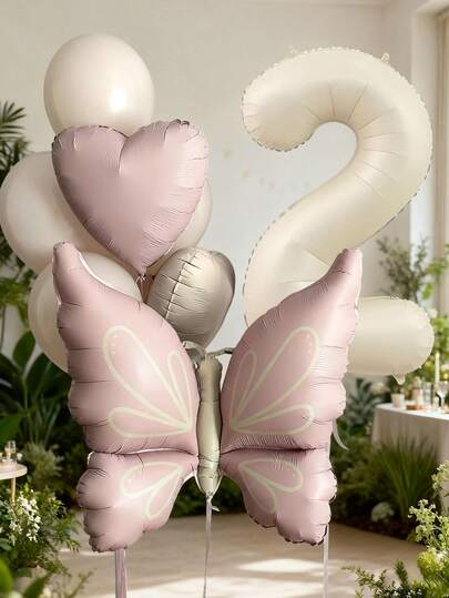 8 Stücke 40 Zoll cremefarbene Zahlenballons Set, großer 18 Zoll rosa Schmetterling Folienballon, cremefarbene & rosa Herzballons, elfenbeinfarbe Latex Ballons, geeignet für Geburtstagsfeiern, Schmetterling Themen Dekoration