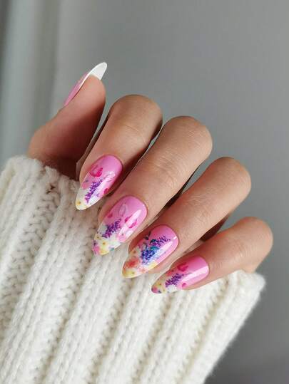 24Pcs Square Short Fake Nails, Purple Flower & Bee Pattern, Full Cover Removable Manicure Set, Suitable For Women Party, Wedding And Daily Wear Press On Nails Nail Supplies Nails