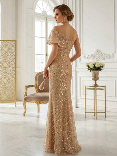New Fashionable And Elegant Champagne Sequin Slanted Shoulder Slim Fit Bodycon Cocktail Dress, Party Dress, Fishtail Long Dress, Suitable For Cocktail Parties, Dances, Formal Dinners