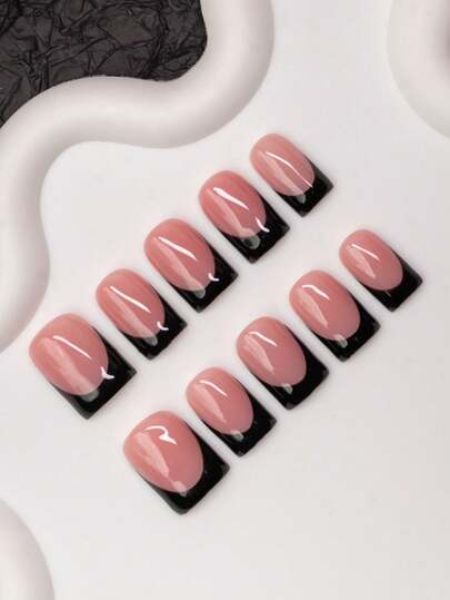 10 pezzi di punte per unghie quadrate fatte a mano, stile Y2K Baddie, colore nude e nero con design alla francese, adatte per donne e ragazze, include strumenti, ottimo regalo per la manicure delle signore