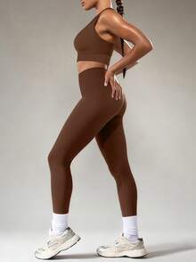 Yefecy Women's Seamless 2 Pieces Yoga Set - Tummy Control Leggings And Backless Sports Bra, Solid Color Activewear - Coffee Brown - View 4