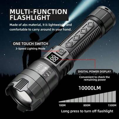 High-Intensity Telescopic Flashlight - Smart Digital Display Battery Level + Bright Illumination, Patrol Search & Rescue Emergency Use, Portable Zoom Long Lasting, Searchlight, Patrol Equipment, Emergency Rescue, Camping Light, Car Emergency, Security Equipment, Self-Defense Flashlight