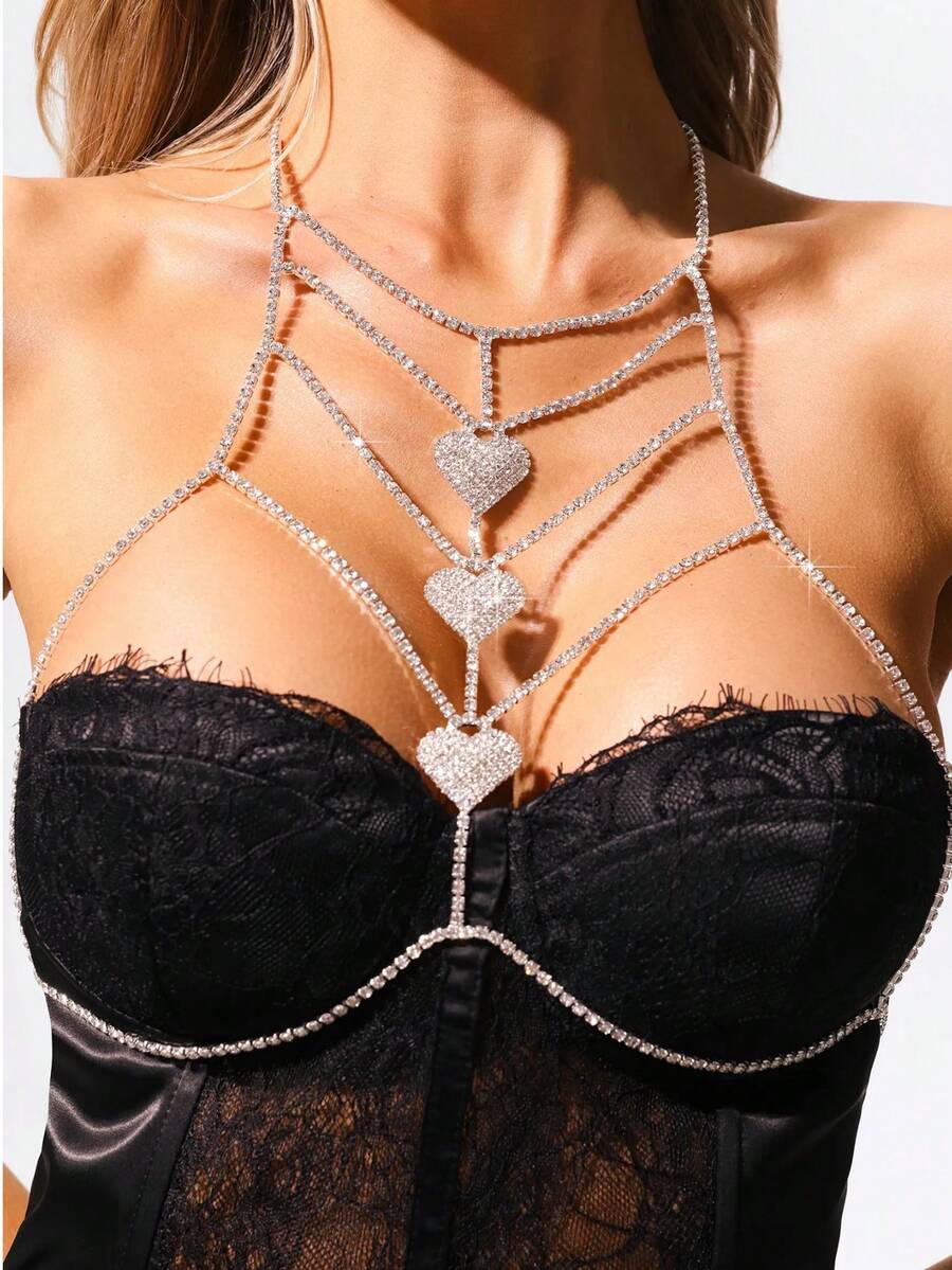 1pc Sexy Rhinestone Chest Chain, Fashionable Body Chain For Beach, Nightclub, Intimate Apparel Accessory For Women - Silver - View 1