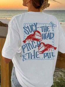 Funny Crawfish Graphic, Sassy Crawfish, Louisiana , Whimsical Lobster Graphic Printed Crew Neck Short Sleeve T-Shirt, Funny Seaside Shirt Summer Beachwear Gift For Seafood Lovers. High Street Hip Hop Style T-ShirtT-Shirt- Oversized Casual Short Sleeve Round Neck Tee, Soft Breathable Fabric For Holiday Parties& Gift Giving - 白色 - 查看 4