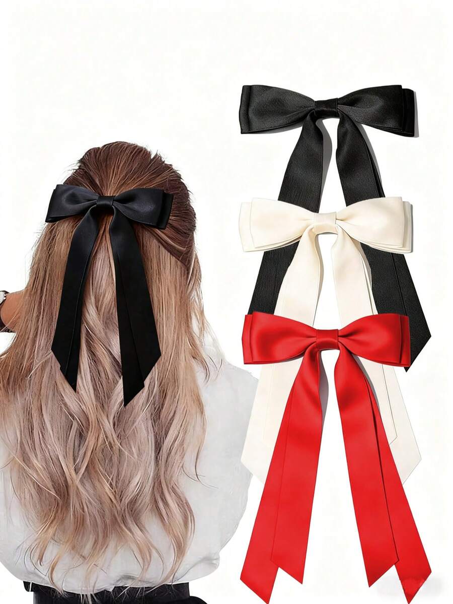 3个缎面蝴蝶结发夹，纯色蝴蝶结发夹（黑色、白色、红色），可爱蝴蝶结发圈，马尾辫发圈，金属发夹，女士及女孩发饰，头部饰品，发卡 - 彩色 - 查看 1