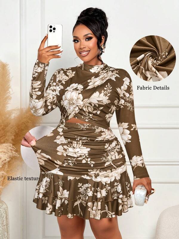 BIUBIU Women's Autumn/Winter Fashion: Elegant Plus Size Long-Sleeved Turtleneck Lace-Up Tiered Floral Print Skirt