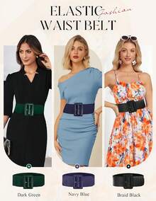 Women's Stretchy Belt 1950s 3 Inch Wide Elastic Belts - Hitam+Coklat - View 8