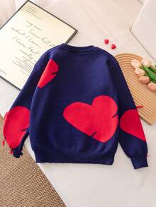 Girls' Cute Heart Pattern Knitted Pullover Sweater, Suitable For Casual Wear In Spring, Autumn And Winter - Navy Blue - View 2
