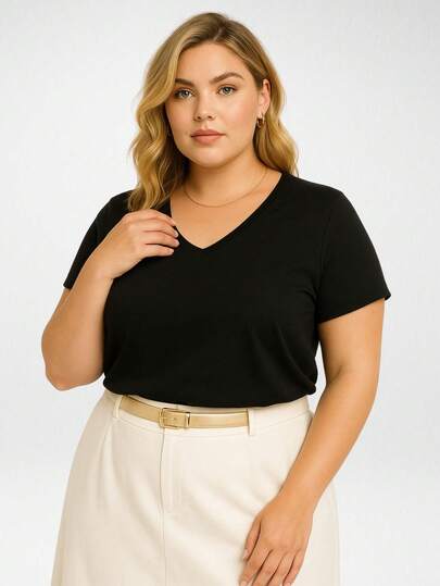 Blusa Feminina Plus Size Decote V Manga Curta Malha Premium Básica Casual - H00