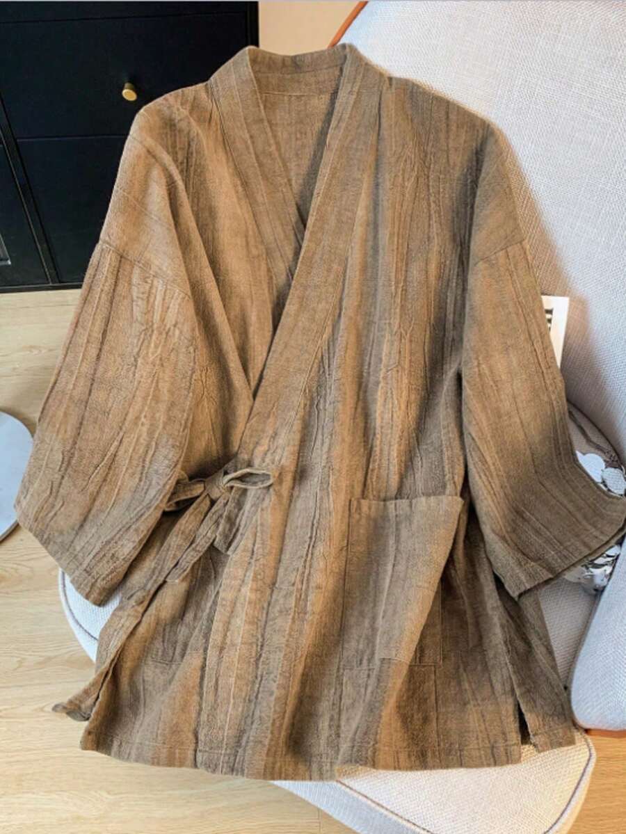 LUCIDVUE 1pc Women's Chinese Style Linen Jacket, Spring/Summer New Retro Loose Fit Tie-Waist Top With Pockets, Open Front Casual Cardigan, Tea Ceremony Outfit - Mocha Brown - View 1