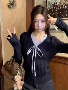 女款V領拼接麻花針織毛衣，秋冬款 - 藏蓝色 - 查看 10