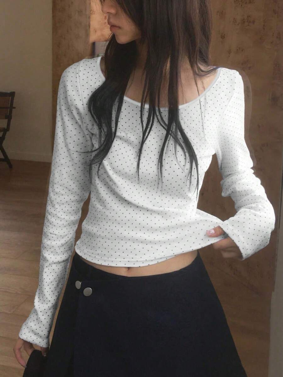 2025春夏波点印花休闲长袖上衣 白色 - 白色 - 查看 1