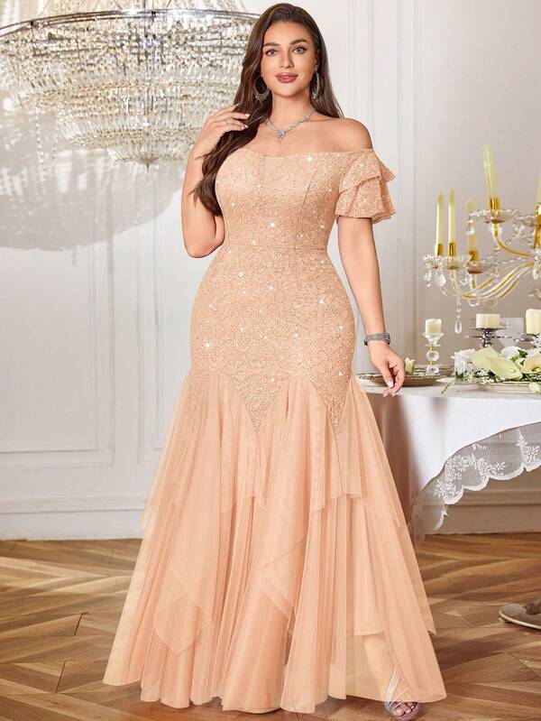 Plus Off Shoulder Ruffle Sleeve Sequin Floral Lace Contrast Mesh Ruffle Hem Evening Party Long Dress, Prom Dress, Wedding Guest Dress, Fall Dress, For Birthday, Homecoming, Graduation,Festivals