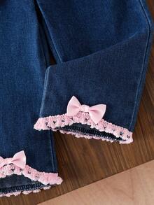 2pcs Baby Girl Fashionable Minimalist Bohemian Style Set: 3D Bow Decor Fringe Trim Crew Neck Long Sleeve T-Shirt Top And 3D Bow Decor Elastic Waist Denim Pants - Pink - View 10