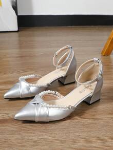 Women's Silver High Heel Shoes, Thick Heel, Pointed Toe Sandals, Spring/Summer, Mary Jane Wedge Shoes, Autumn/Winter Boots