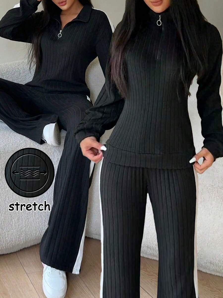 2pcs Women Casual Ribbed Knit Zip-Up Crop Top And Wide Leg Sweatpants Set, Suitable For Outdoor, Jogging, Walking, Street Wear In Spring And Autumn, Winter Clothes - Black - View 1
