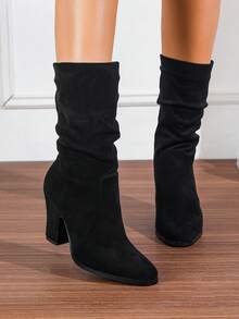 粗跟休闲靴圆头绒面革修身高筒靴女式，新款秋冬中筒马靴，带毛皮 - 黑色 - 查看 4