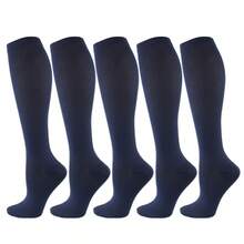 1/5 pares de calcetines altos para mujer, calcetines deportivos de compresión ajustada, adecuados para correr, ciclismo, otoño - Azul Marino - Ver 4