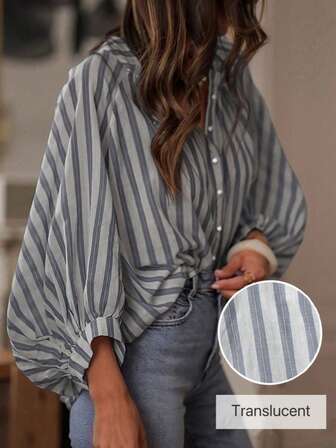 This Women's Light Luxury Striped Shirt Is Perfect For Layering. It Features Loose Lantern Sleeves, A Casual And Stylish Look, And Is Suitable For Everyday Wear. It's Made Of Semi-Transparent Fabric.