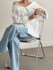 Unique Design Off-Shoulder Exposed Collar Long Sleeve Shirt, Reversible - White - View 4