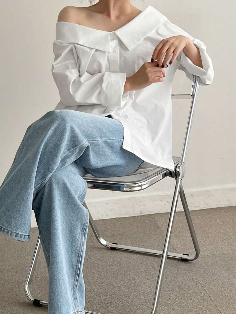 Unique Design Off-Shoulder Exposed Collar Long Sleeve Shirt, Reversible - White - View 1