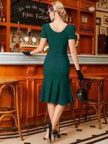 Rochie retro din anii 1950, stil sirenă, cu decolteu în formă de inimă, rochie de cocktail creion - Verde inchis - Vizualizare 2