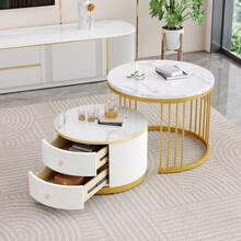 Elegant Set Of 2 White Coffee Tables, 60*60*46cm And 50*50*30.8cm, Round Tables With High Gloss Dermol Appearance, 2 Drawers, Load Capacity Up To 30kg, Combination Of Nestable Coffee Tables. - White + MDF - View 2