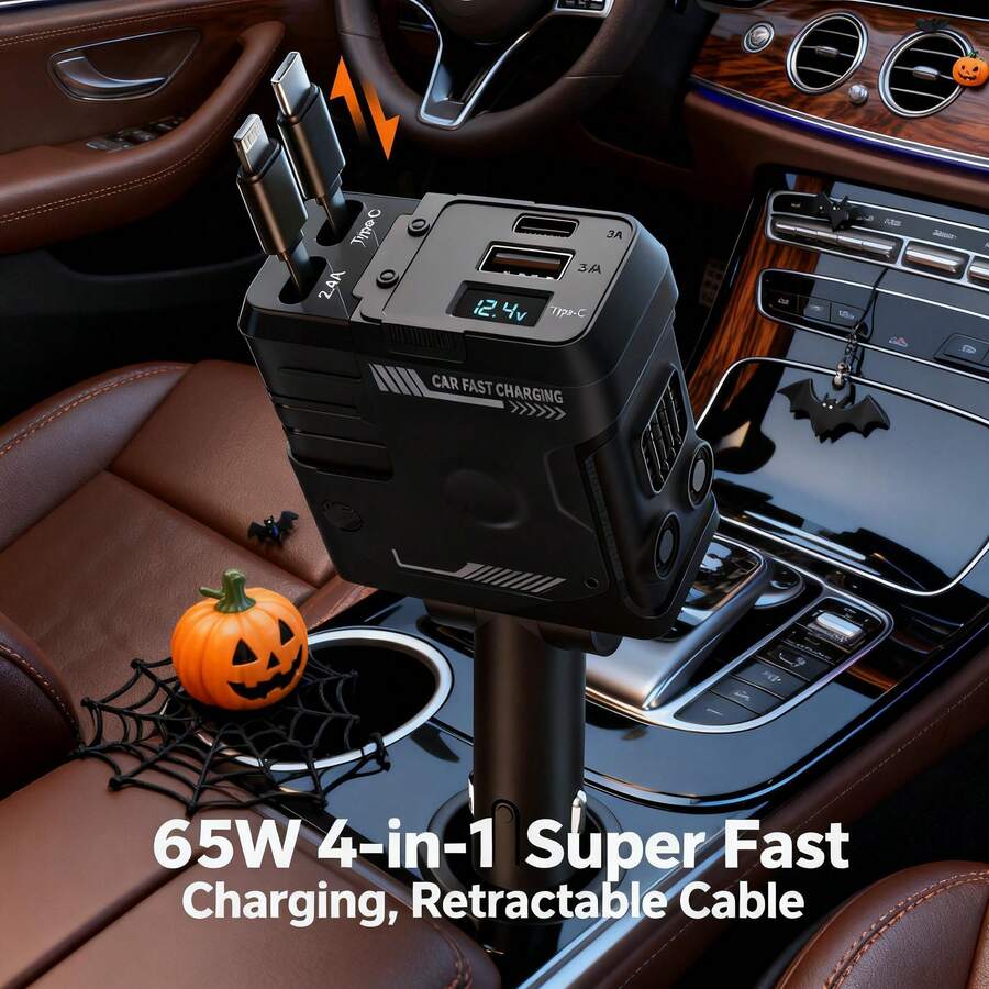 Automotive Charger With Industrial Design, Ultra-Rapid 120W Vehicle Power Adapter Featuring Auto-Retracting 4-In-1 Multi-Device Cord (Lightning/USB-C Compatible). Universal Compatibility For Phone 15/14/13/12/11, Galaxy & Pixel Models. Dual-System Support For Phone/Android Devices With Integrated Magnetic Mounting System.Car Essential,Room Decor,Compatible With Iphone,Compatible With Apple Watch,Halloween Gift,Fast Charger