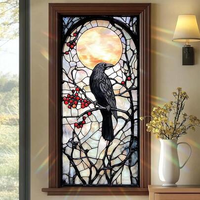 Stained Glass - Style Raven Window Film, Gothic - Inspired Privacy Decor For Windows, Glass Privacy Decals ,Living Room Sun BlocFKing Decor, Removable Static Cling Stickers 17.71x39.97 Inch{Inchcolor_nameinch:InchColorfulGlassWindowFilm#01inch}