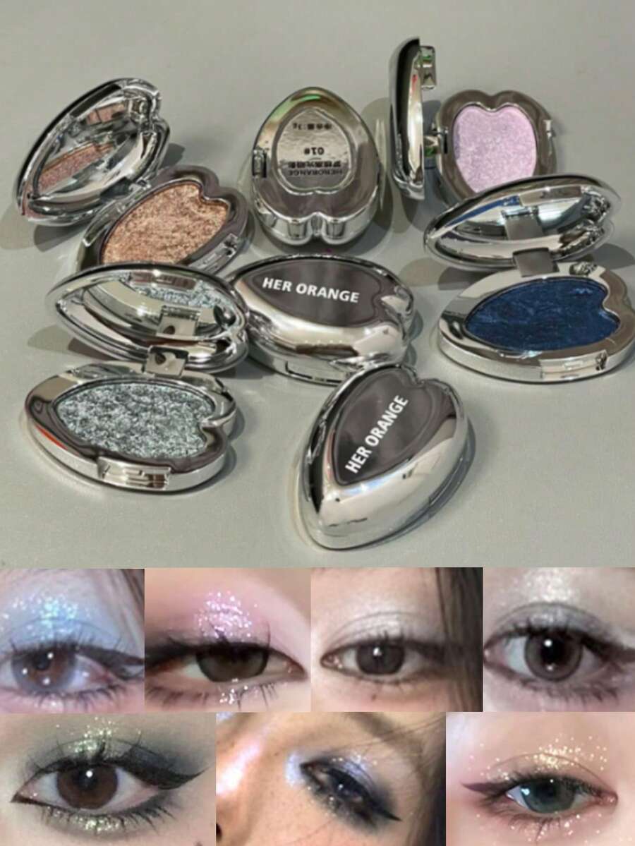 HERORANGE Metallic Glitter Heart Single-Color Eyeshadow Palette, Waterproof And Sweat-Proof, Soft Blending Formula, Suitable For Music Festivals, Stage Performances, Halloween Parties, Blue, Purple, Green And Silver Eyeshadow Palette - 彩色 - 查看 1