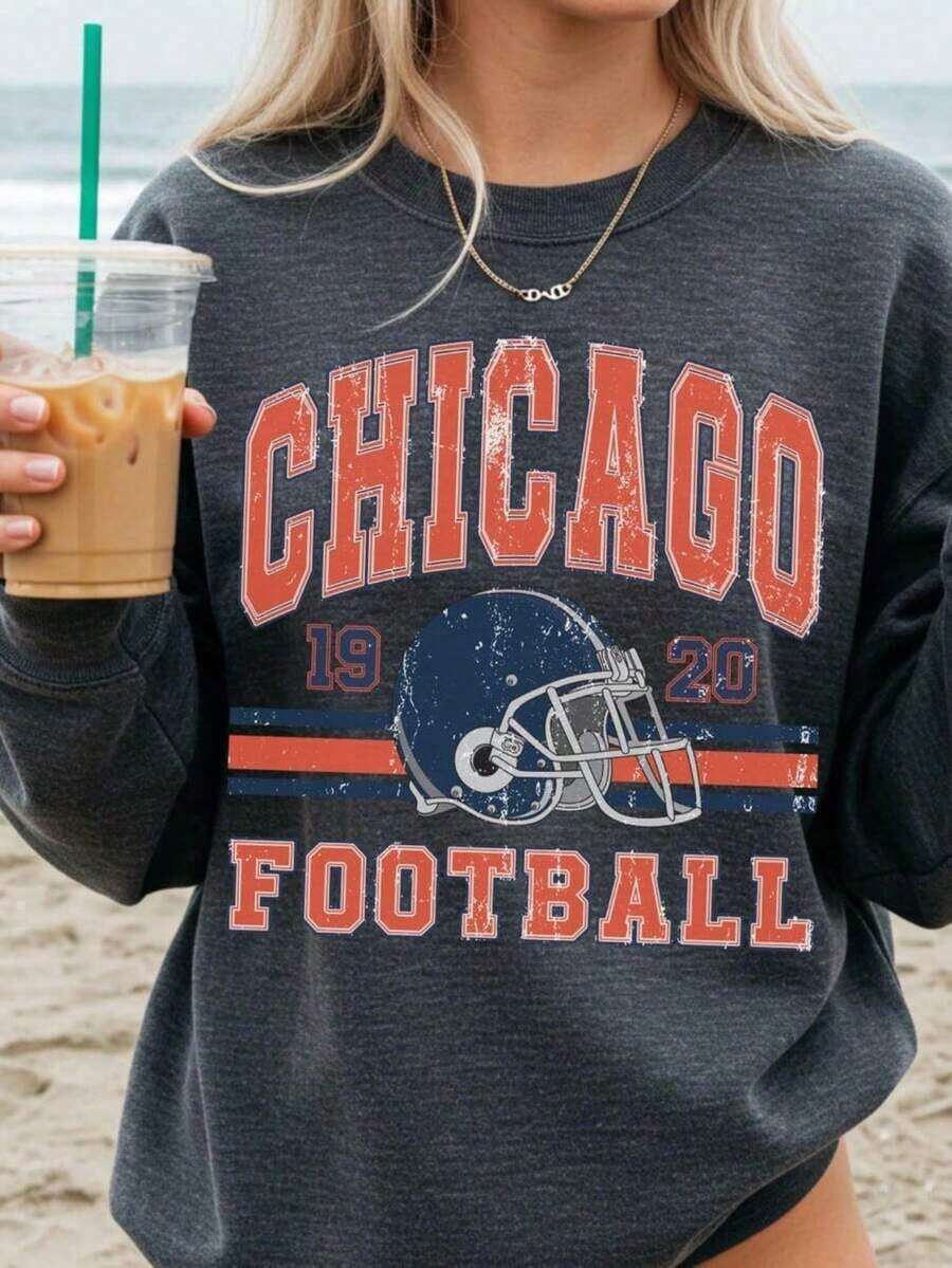 Mens Winter Clothes1pc Funny Sweatshirt Unisex Vintage 90s Style Chicago Football Sweatshirt, Game Day Sweatshirt, Chicago Team Football Sweatshirts, Sunday Chicago, Sport Sweatshirts, Chicago FootballLoose And Comfortablemen Winter Clothes Sudaderas Para Hombre - Xám - Xem 1