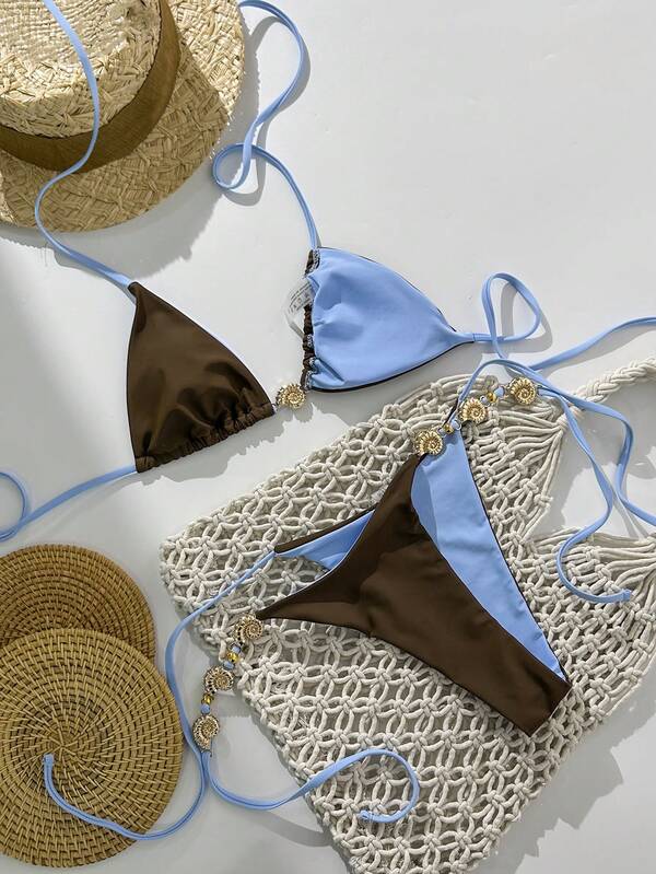 Women's Swimsuit,Elegant And Sexy Bikinis,Seashells And Starfish Ocean Turtle Tortuga Lobster Decor Baby Blue Contrast Brown Colour,Dot Print Beach Outfits For Woman Party Outfit Christmas Gift Valentine Vacation